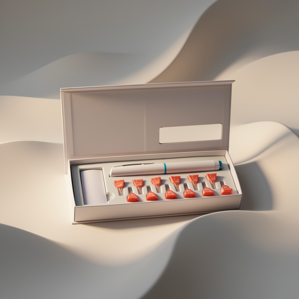 The whole kit — pen, needle, cartridge and box